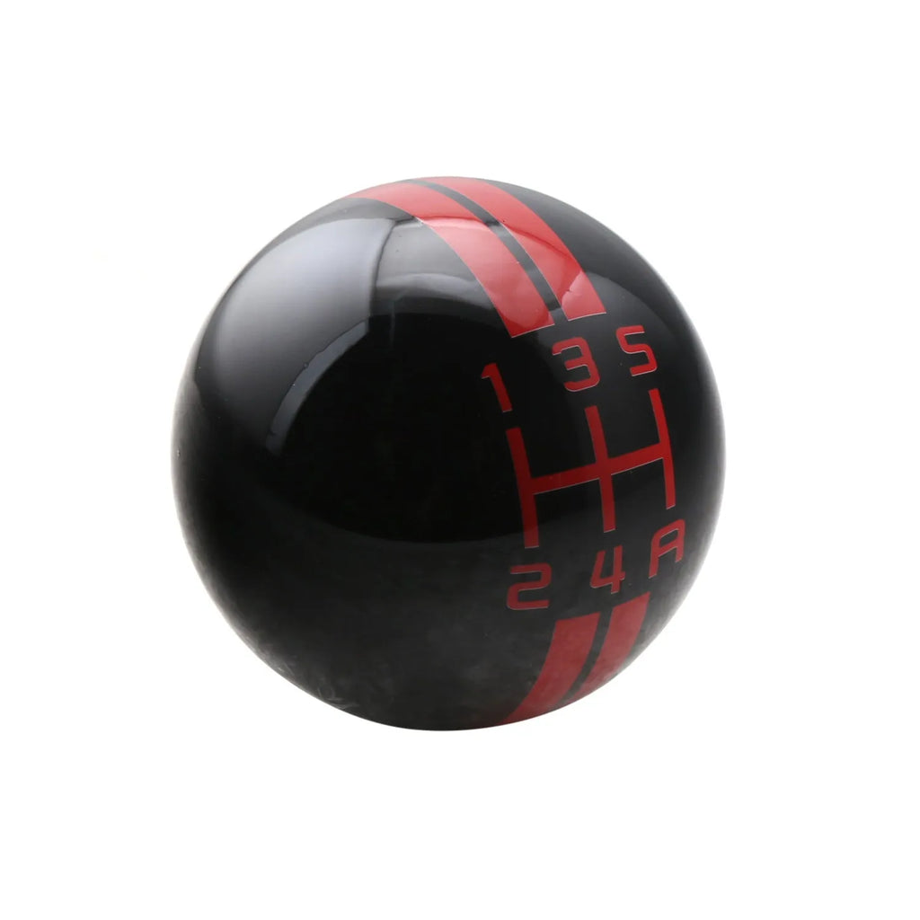 Black acrylic 5-speed manual gear knob for cars shown with red numbering and screw adapters.
