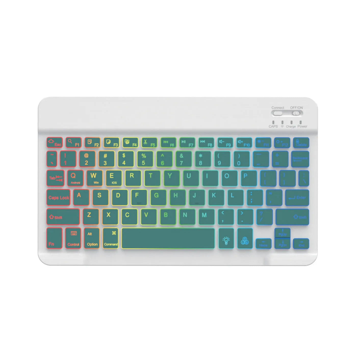 10-inch black Bluetooth keyboard with colourful LED backlighting for tablets on a desk.