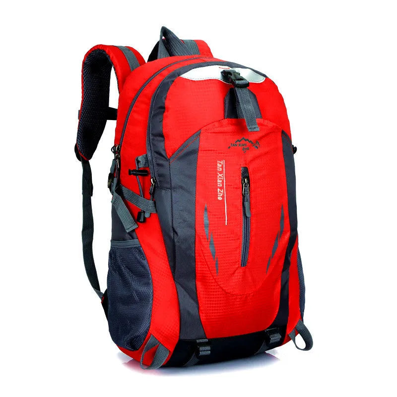 Large black outdoor travel backpack with two shoulder straps, shown with a laptop compartment and a front ID pocket.