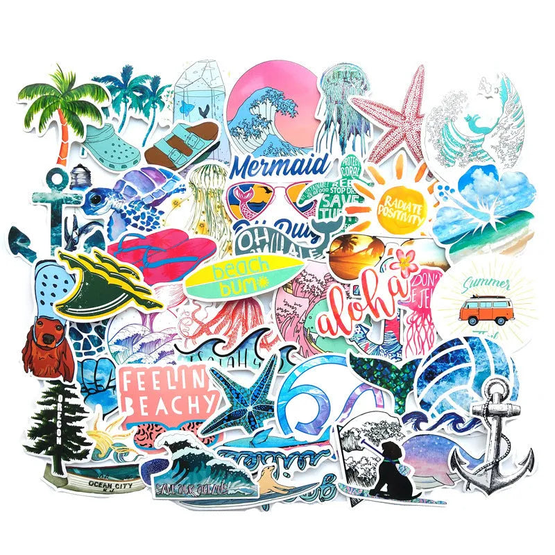 50 PVC beach series graffiti stickers with cartoon doodle designs on smooth surfaces