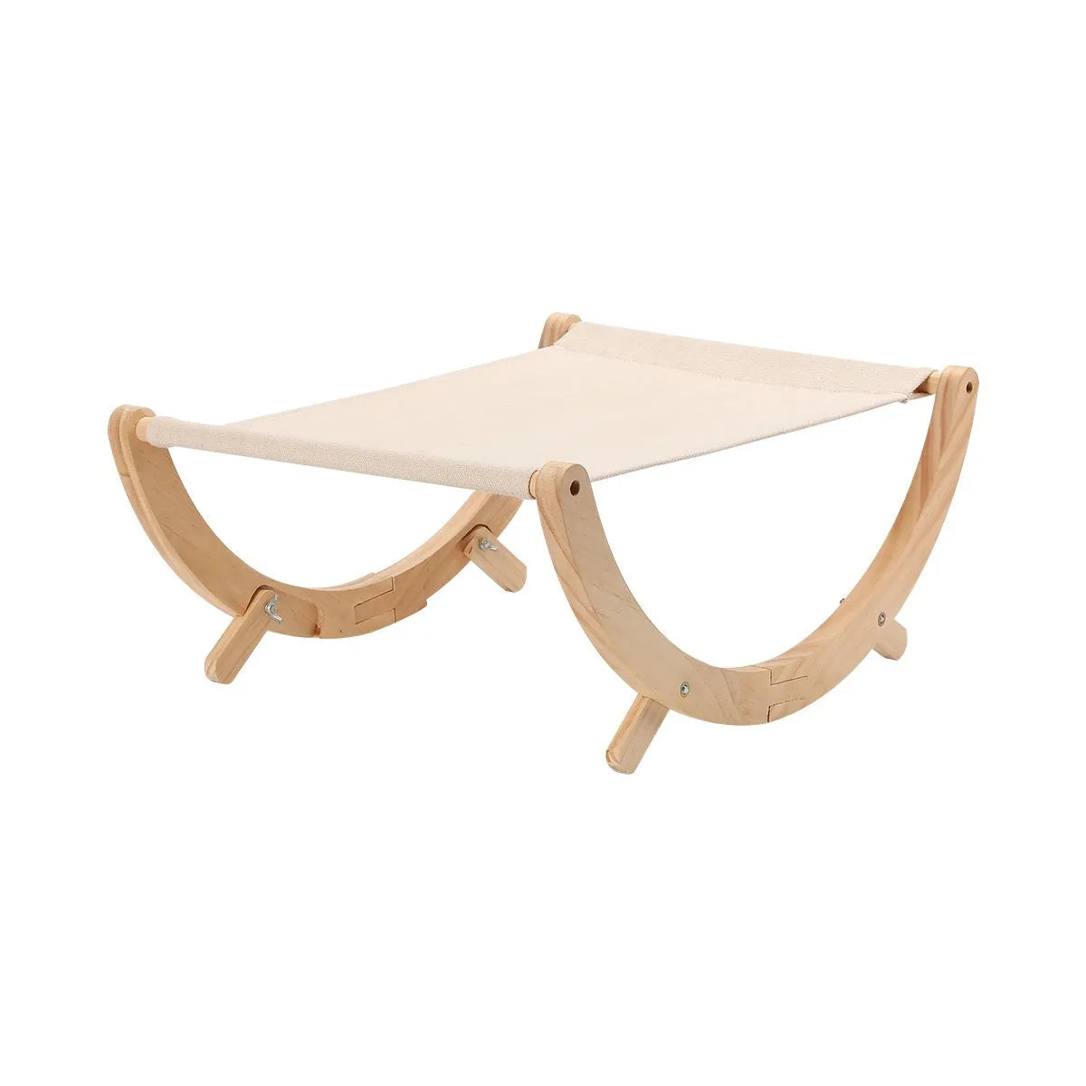 Solid wood foldable cat hammock bed with a neutral cushion on a wooden frame.
