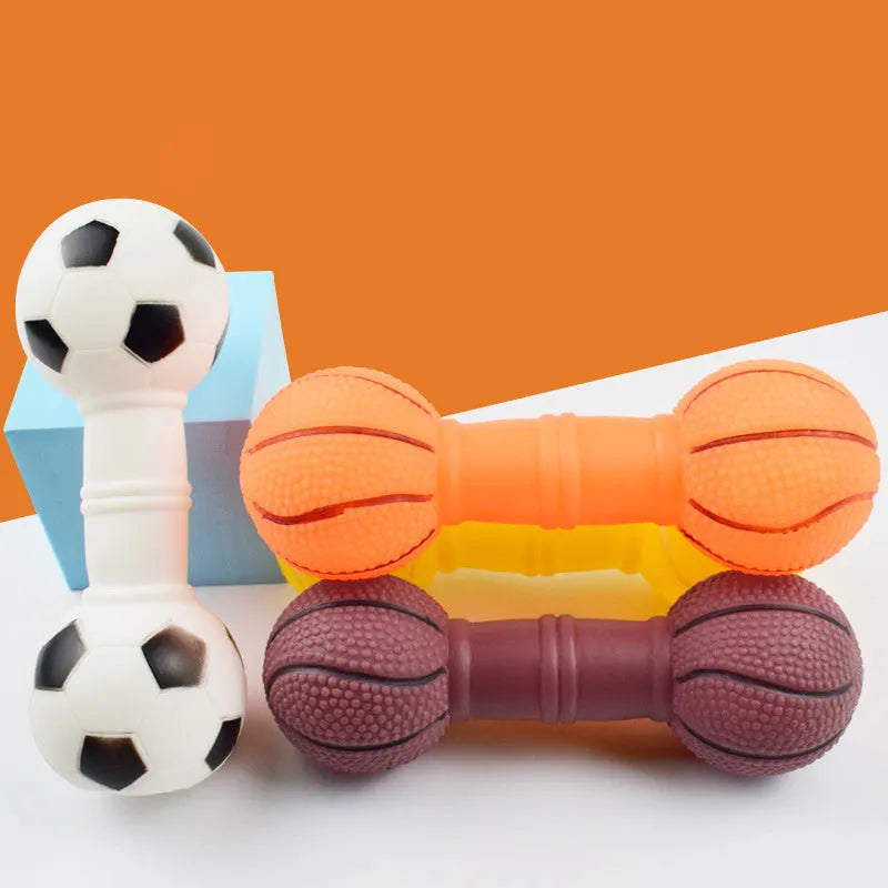 Brown football dumbbell shaped PVC dog squeaky toy on white background