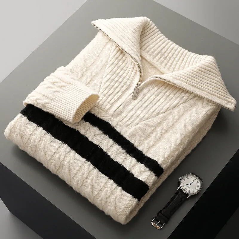 Thickened zipper lapel high collar loose sweater in dark gray with raglan sleeves, front view on model