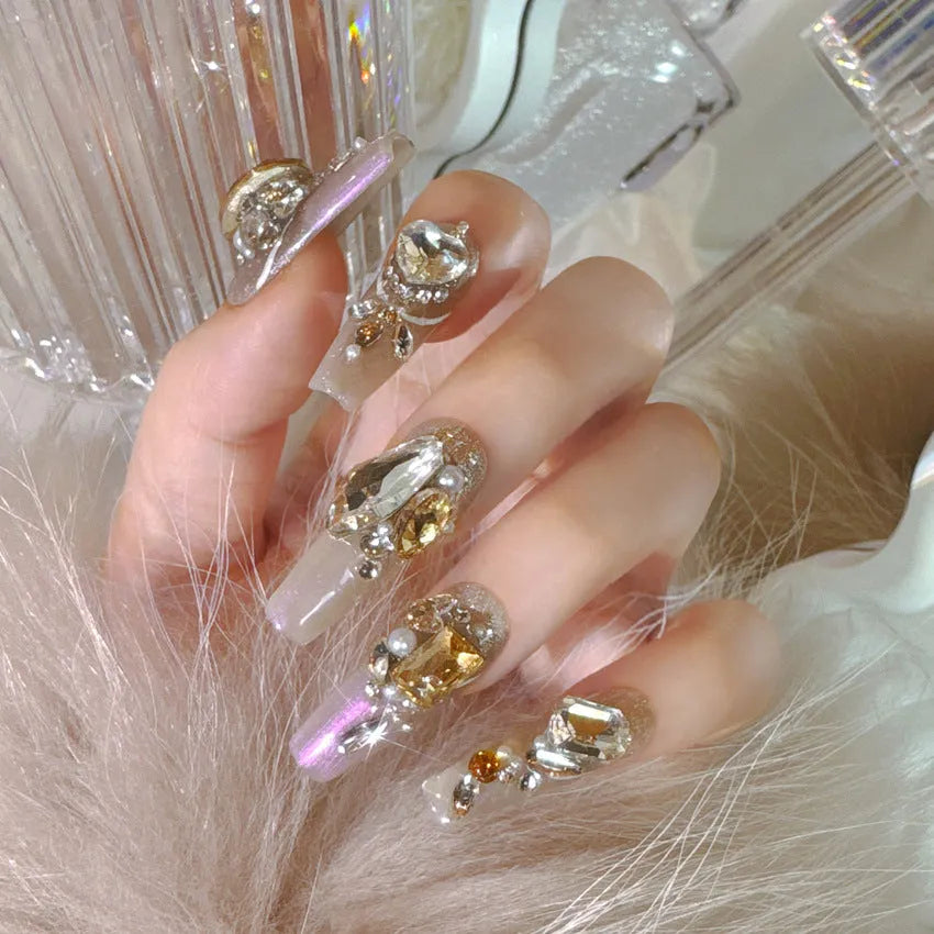 Wear Nail Heavy Industry luxury rhinestone press-on false nails in flash style on a card, with jelly adhesive or tool set options.