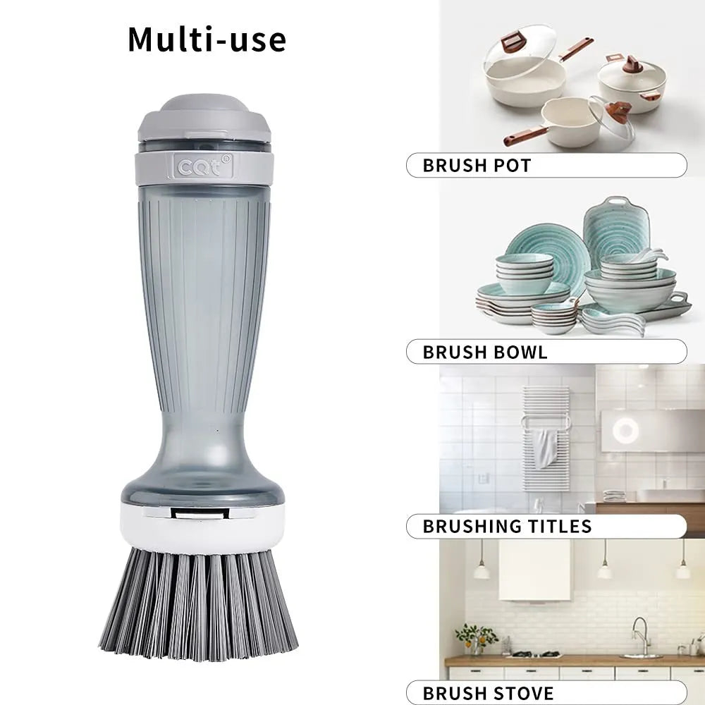 Milk white and mint green pot brush with integrated soap dispenser and replaceable head.