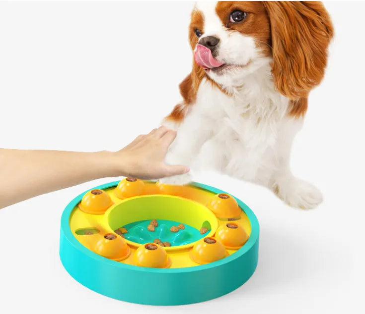 Green plastic interactive dog puzzle toy slow feeder bowl with non-slip base and food turntable.