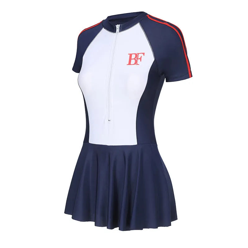 Conservative sports one-piece swimsuit with high elasticity for fitness and water activities