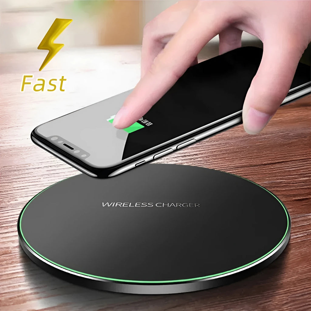 Black wireless charging pad for iPhone Samsung fast charging with copper coil 98mm