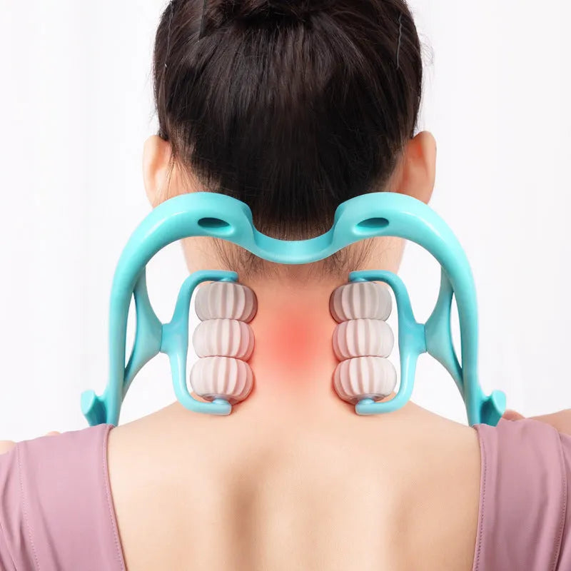 Blue plastic handheld six-wheel manual massager for neck, shoulder, and waist.
