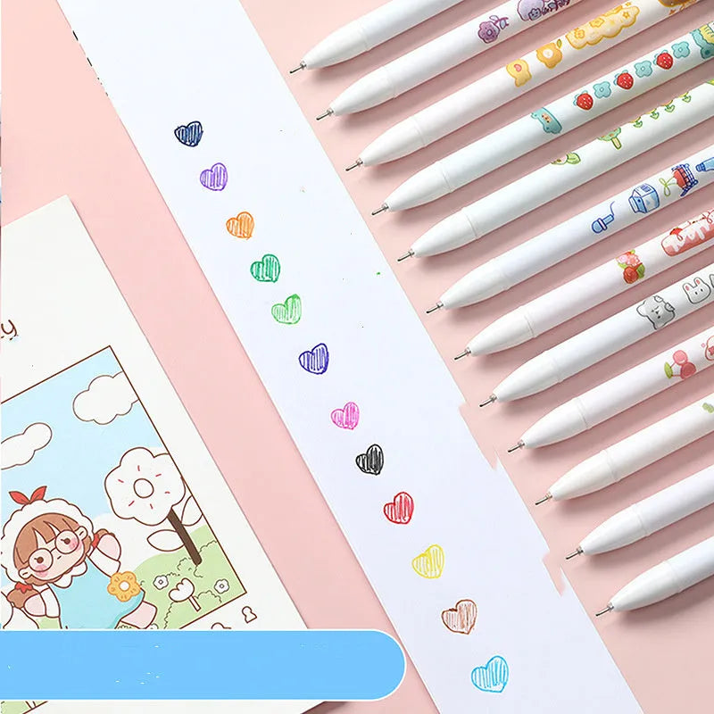 Set of twelve cartoon-themed 0.5mm coloured gel pens for hand accounting and office use.