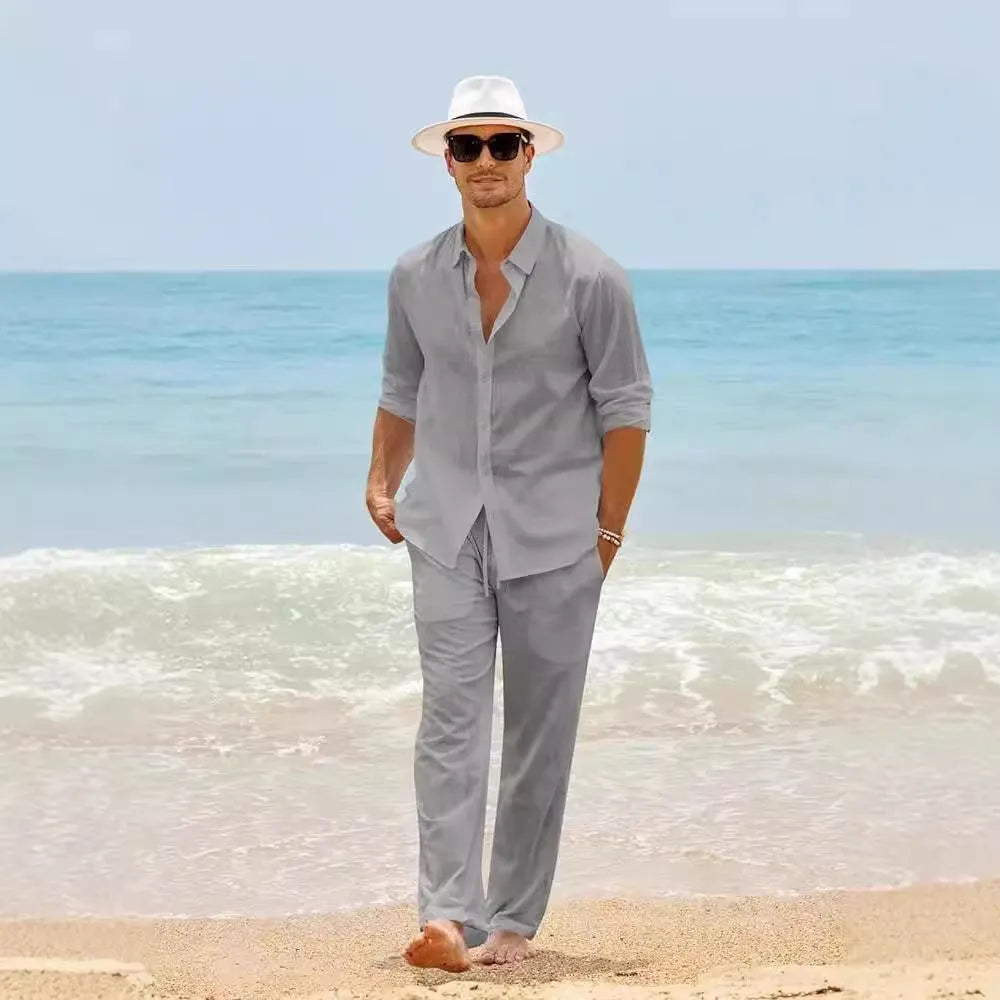 Men's cotton long sleeve top and trousers casual set in white, black, grey, khaki, or sky blue