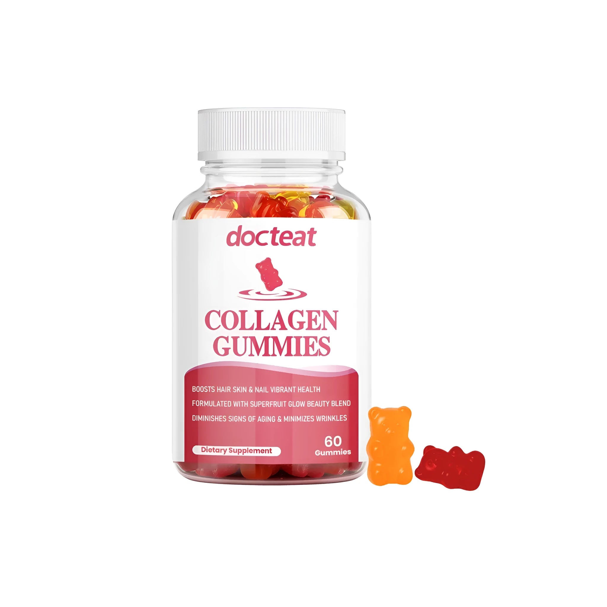 Collagen gummies 60 gummies packed in a tub with type I and III collagen, super fruit mixture, vitamin A, and biotin
