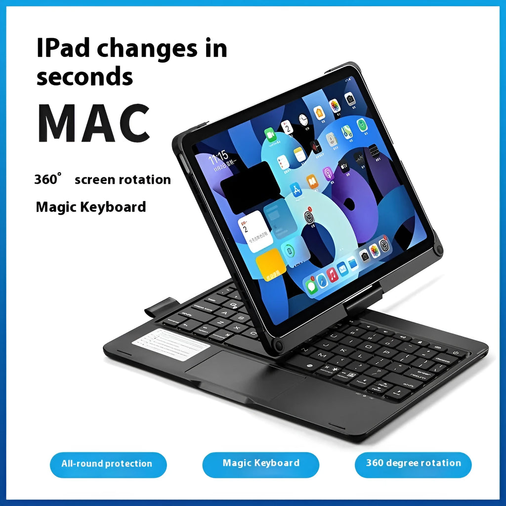 Miaocontrol silver Bluetooth keyboard with rotating stand holding an iPad Pro tablet.