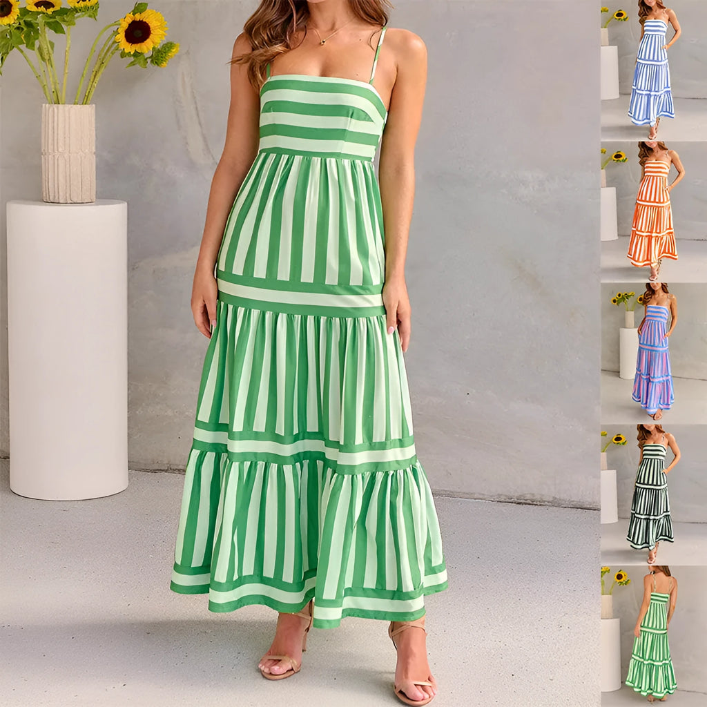 Women's striped suspender dress with square neckline, backless design, and side pockets