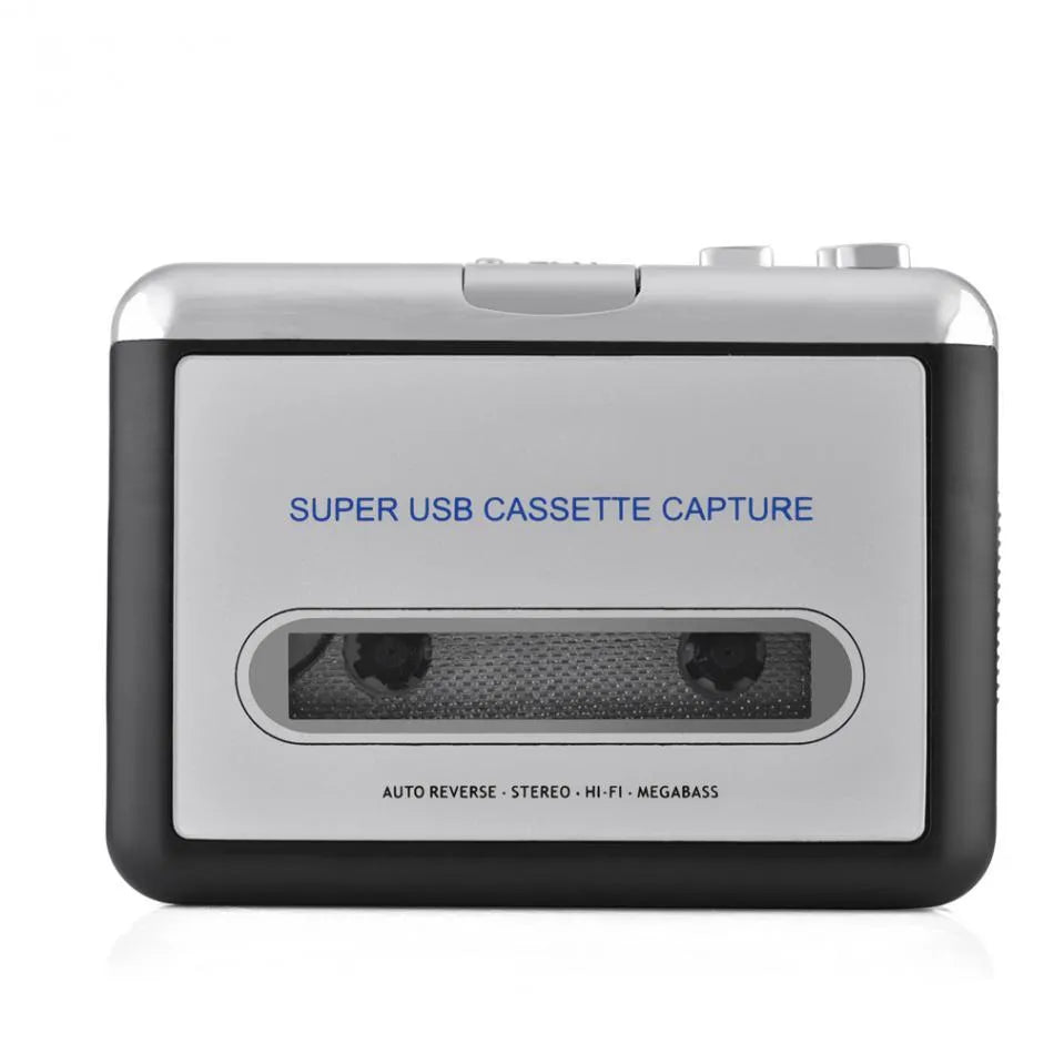Silver USB cassette player converting tapes to MP3 files with included software and earphones