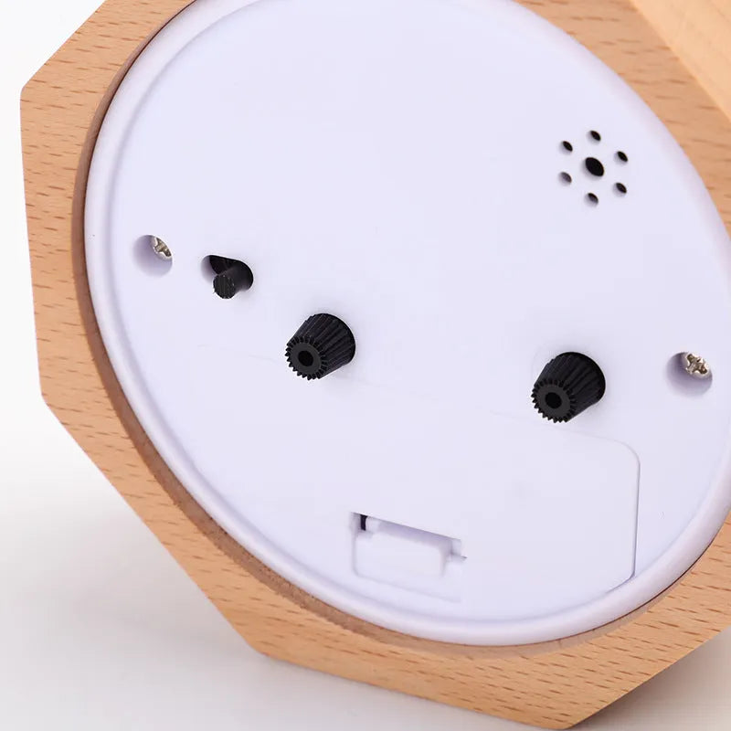 Polygonal beech wood alarm clock with luminous display, brown white finish, compact 9.5cm size