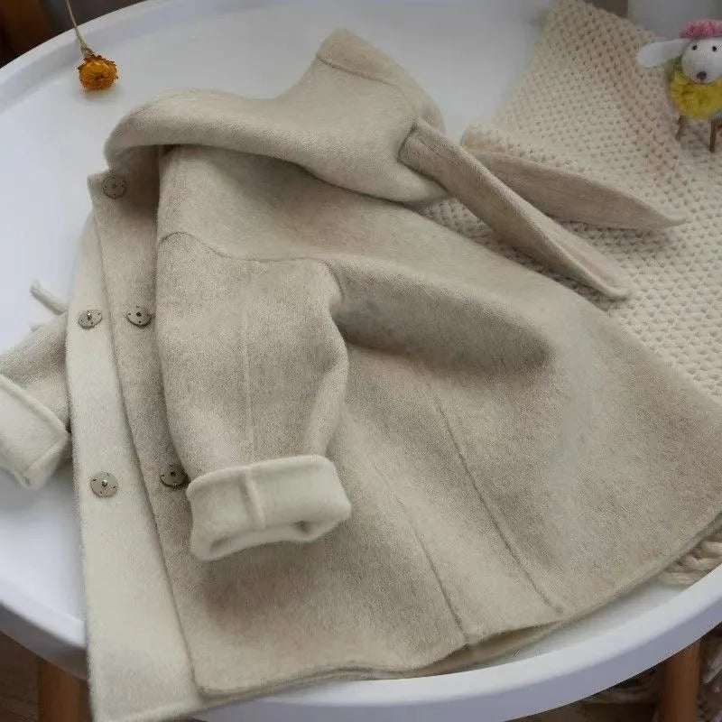 Children's autumn winter beige woolen coat with rabbit ear collar long sleeve mid-length polyester fibre