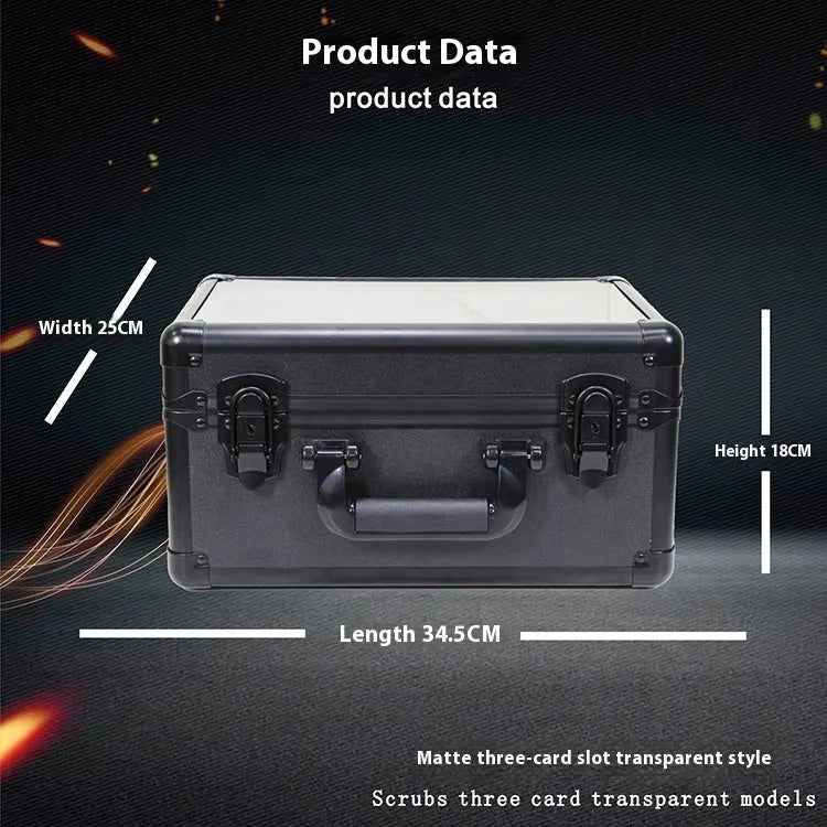 Black aluminium alloy brick card storage box with closed lid and metal frame; compact protective case for cards.