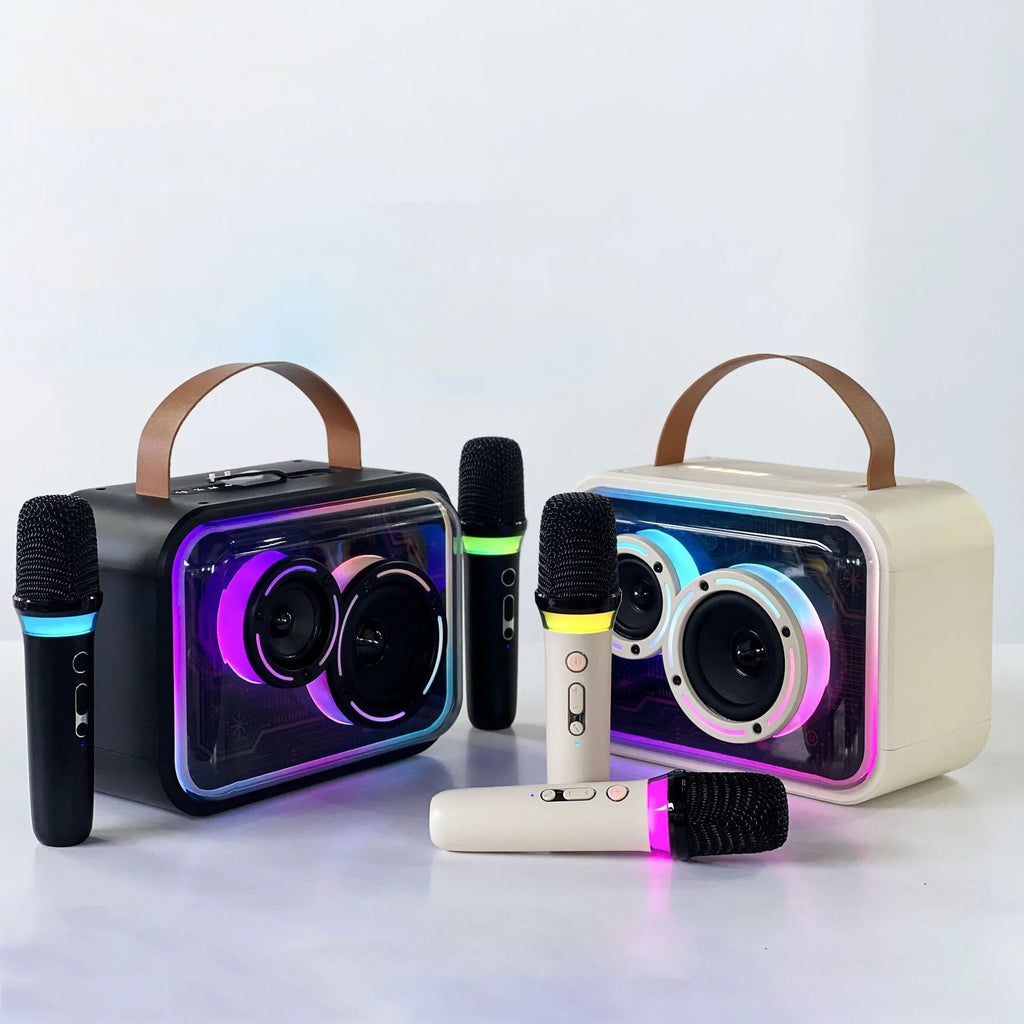 Bluetooth portable karaoke speaker with RGB lighting in black or light yellow colour