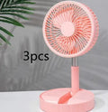 Black telescopic portable desk fan extended to full height with power bank function.