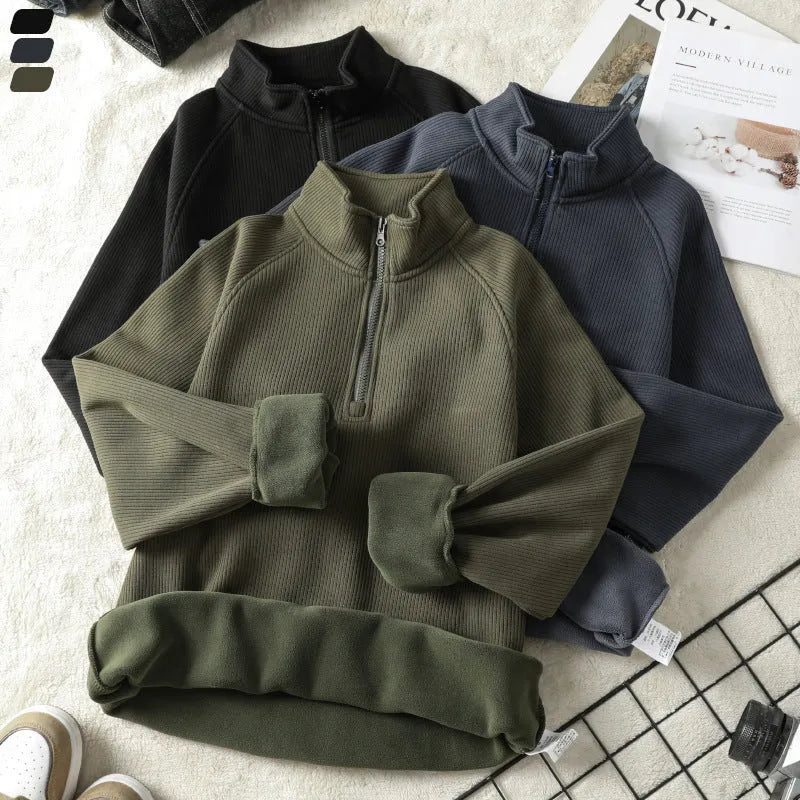 Men's fleece sweatshirt stand-collar long sleeve cotton blend pullover winter top in black