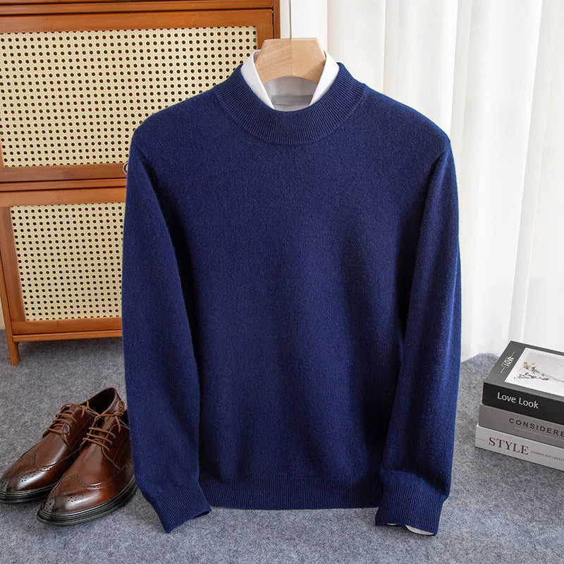 Man wearing a loose-fit half-collar wool sweater in a neutral colour, suitable for winter casual wear.
