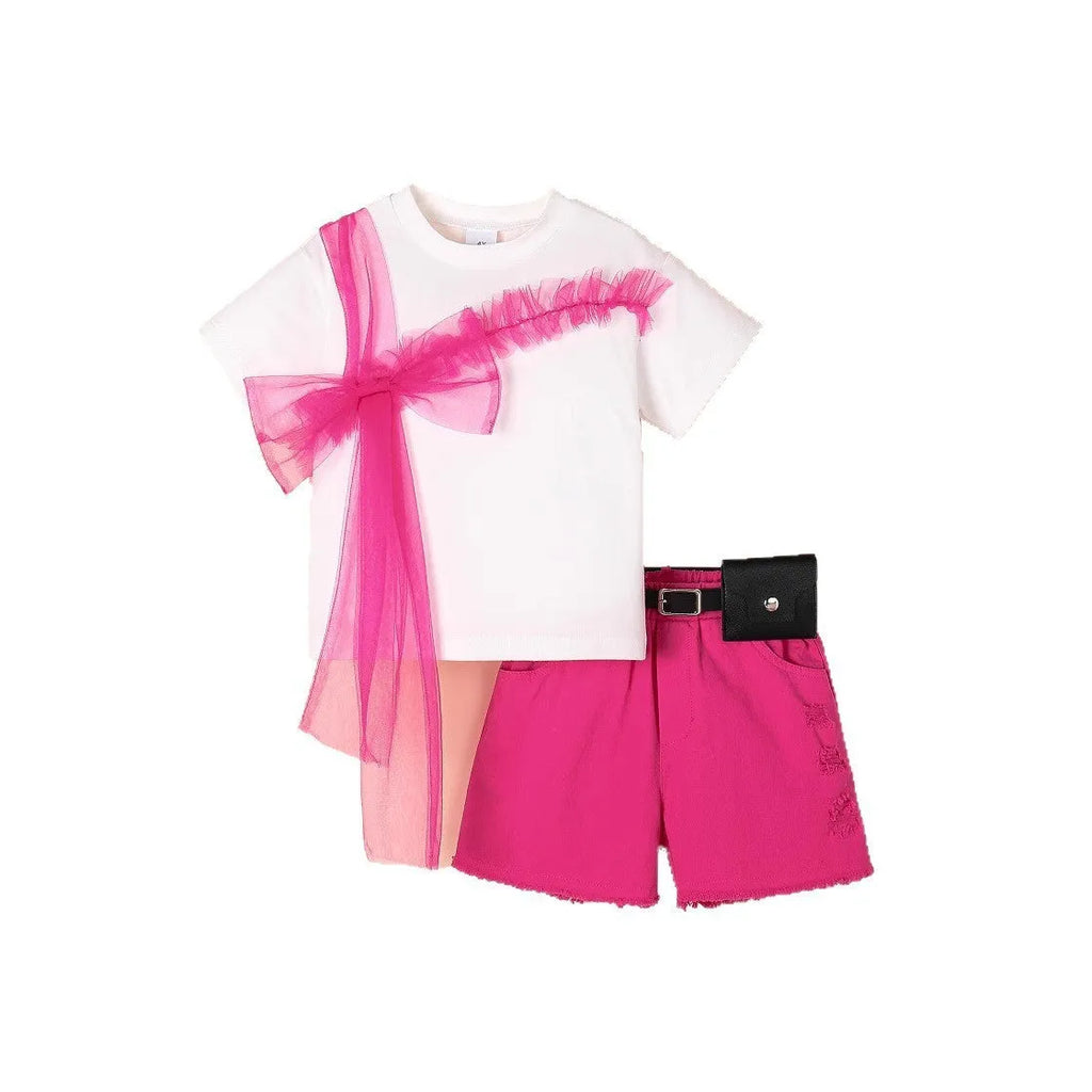 Rose red children's short-sleeved t-shirt, denim shorts, and belt set for girls ages 4Y to 7Y