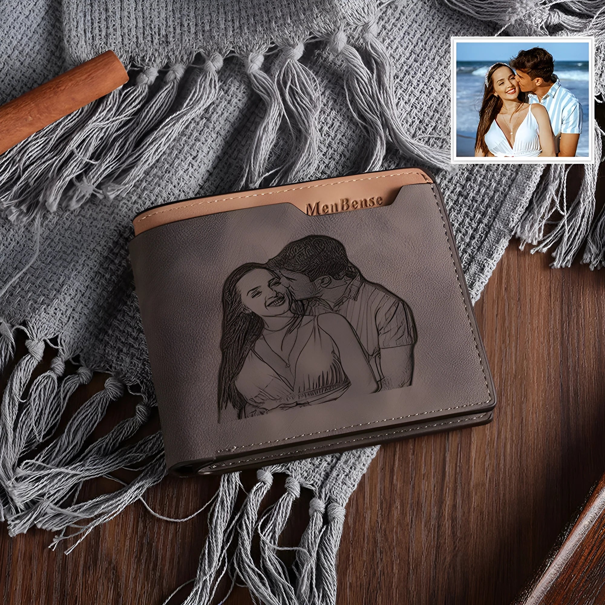 Coffee-coloured engraved horizontal PU leather wallet with personalisation, shown closed.