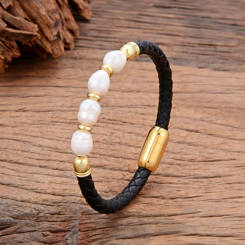 Korean style unisex leather bracelet with irregular shaped pearls in grey and black combination.