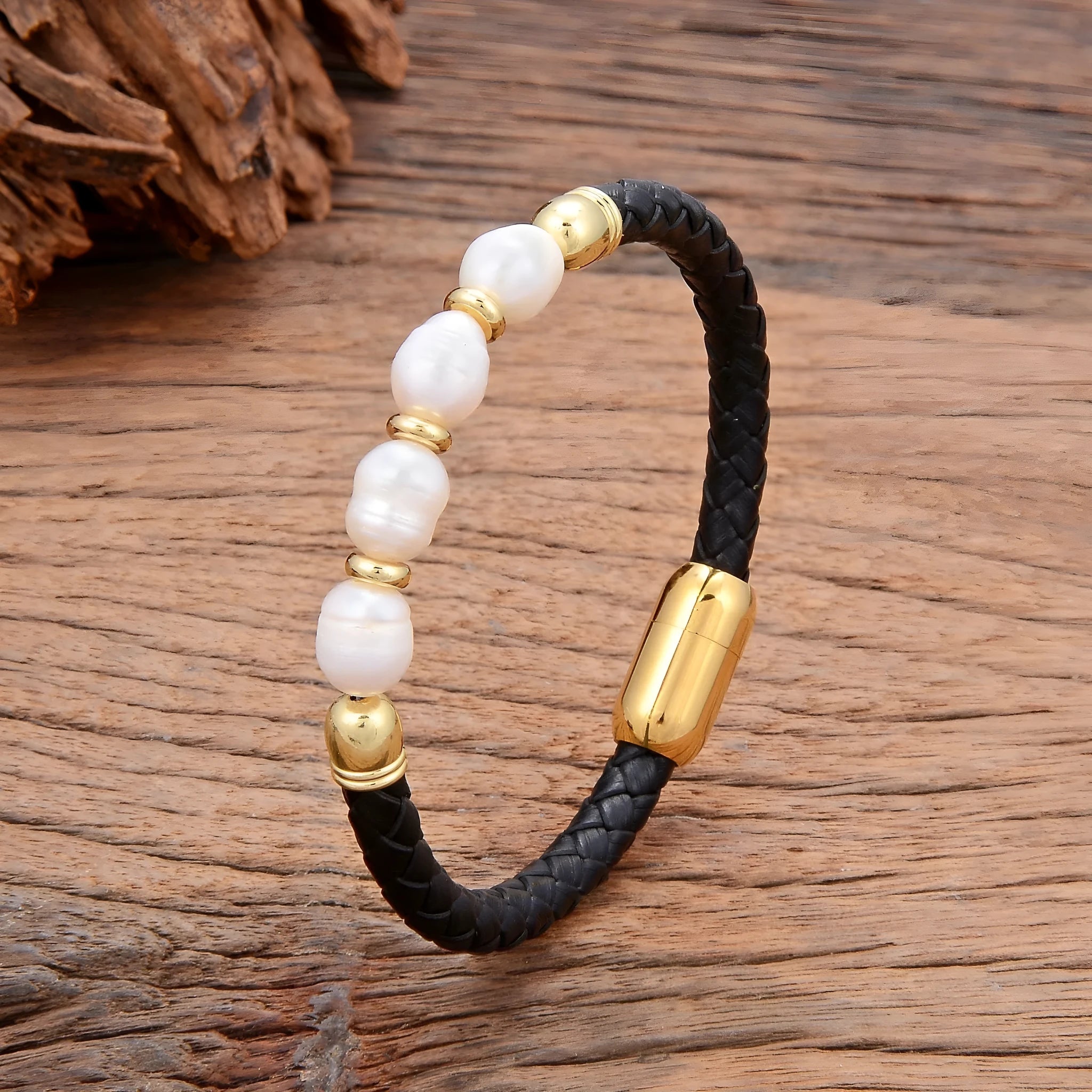 Korean style unisex leather bracelet with irregular shaped pearls in grey and black combination.