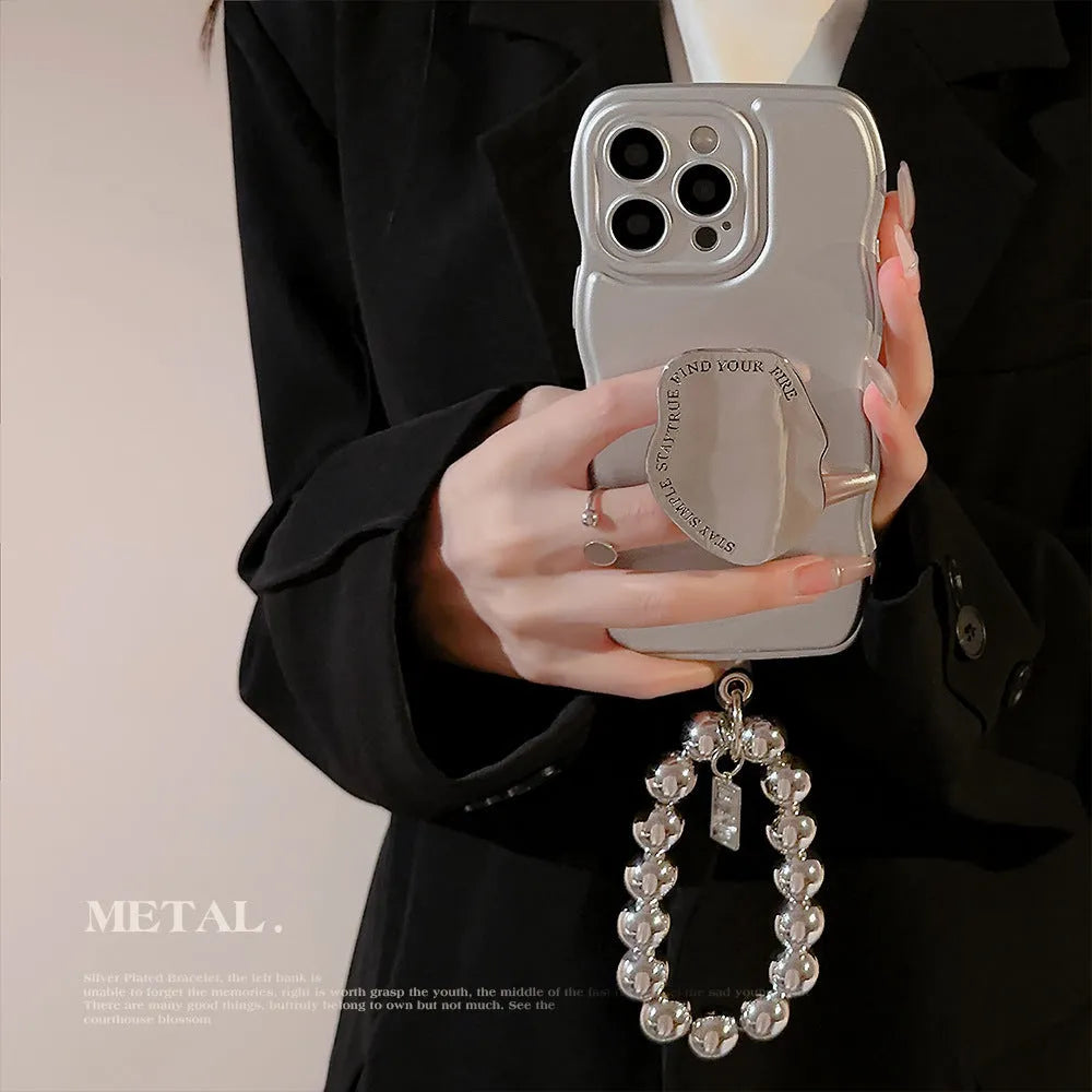 Niche metal silver electroplating bracket phone case for iPhone with geometric design and lanyard