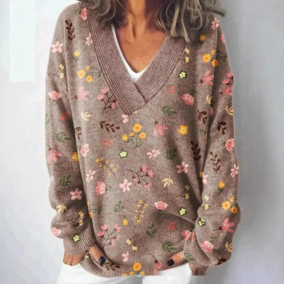 Women's V-neck sweatshirt with 3D floral pattern print and long sleeves in casual pullover style