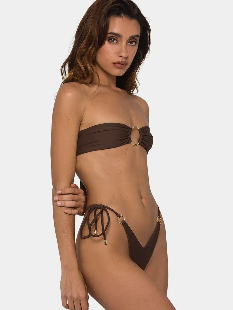 Brown women's tube-top push up bikini swimsuit with split bottom on a mannequin.
