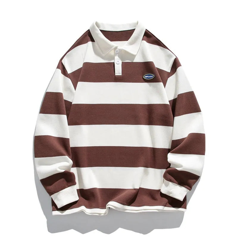 Hong Kong style striped pearl cotton polo shirt with lapel sweater design in loose fit