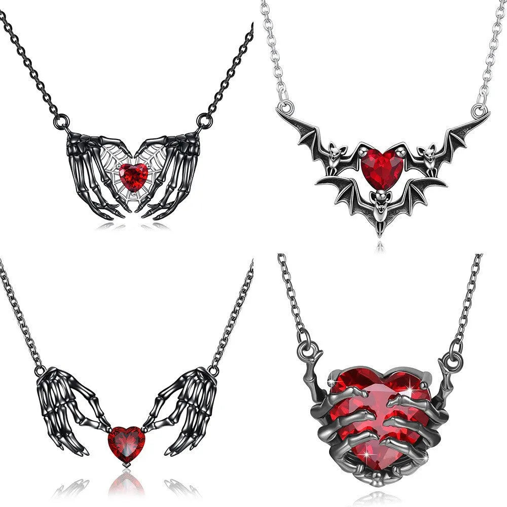 Dark red heart-shaped ghost claw pendant necklace on copper O-ring chain, unisex fashion jewellery, 41-50cm.