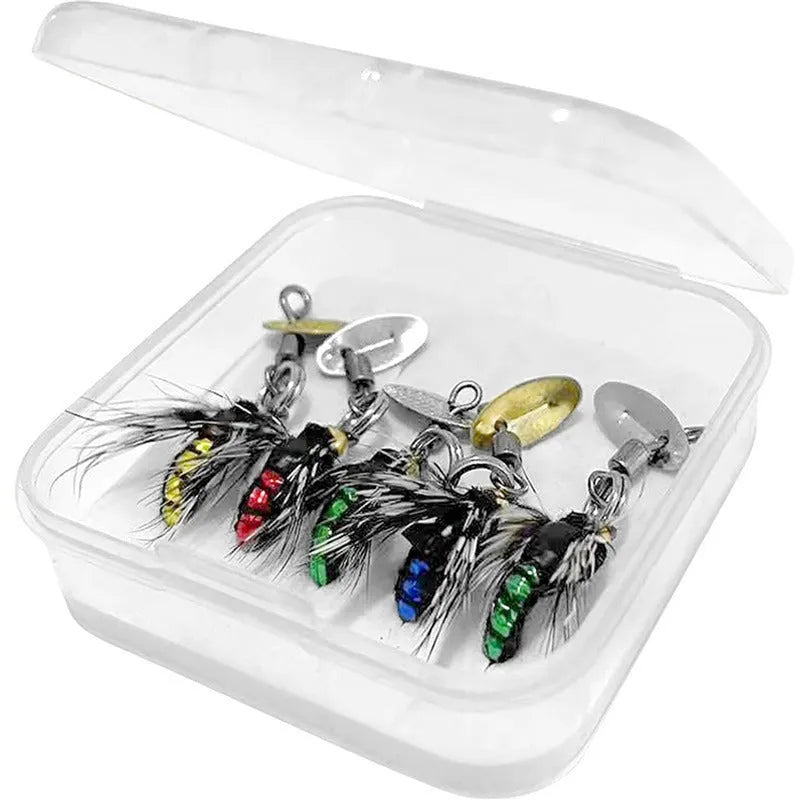 Five bionic mosquito fishing hooks with spinning sequins in multicolour patterns