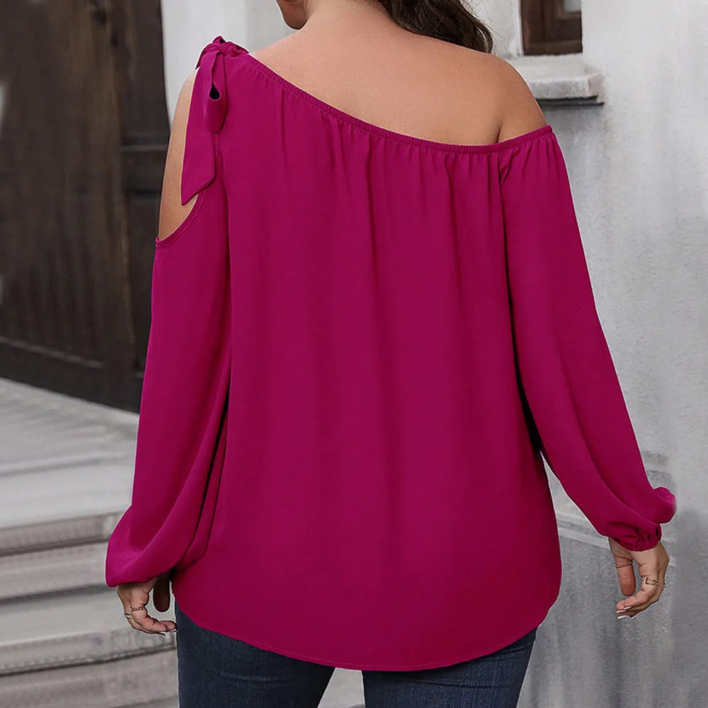 Women's loose fit rose red pullover top with hollow-out detail, long sleeves, polyester knit fabric