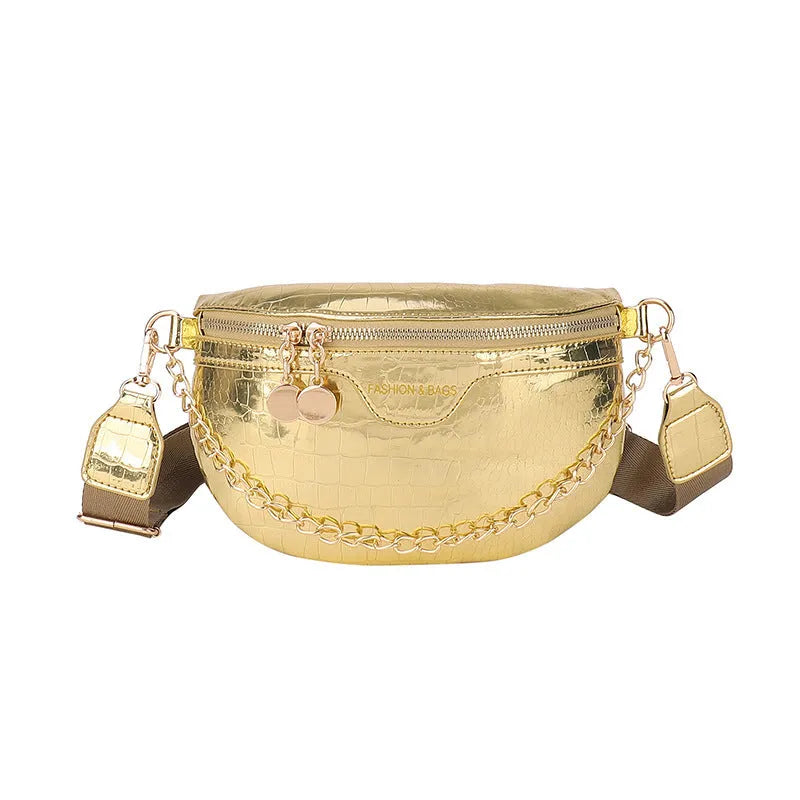 PU chain messenger bag with shoulder strap, sandwich outer pocket, silver colour on white background