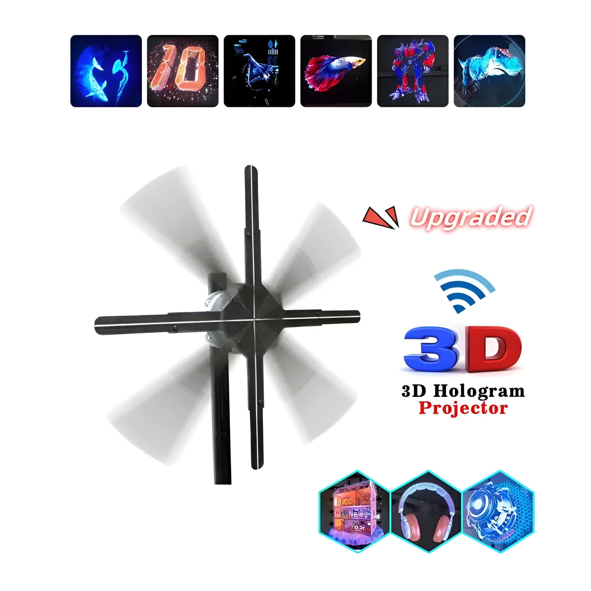Black 42cm 3D holographic advertising fan screen display unit on a floor stand.