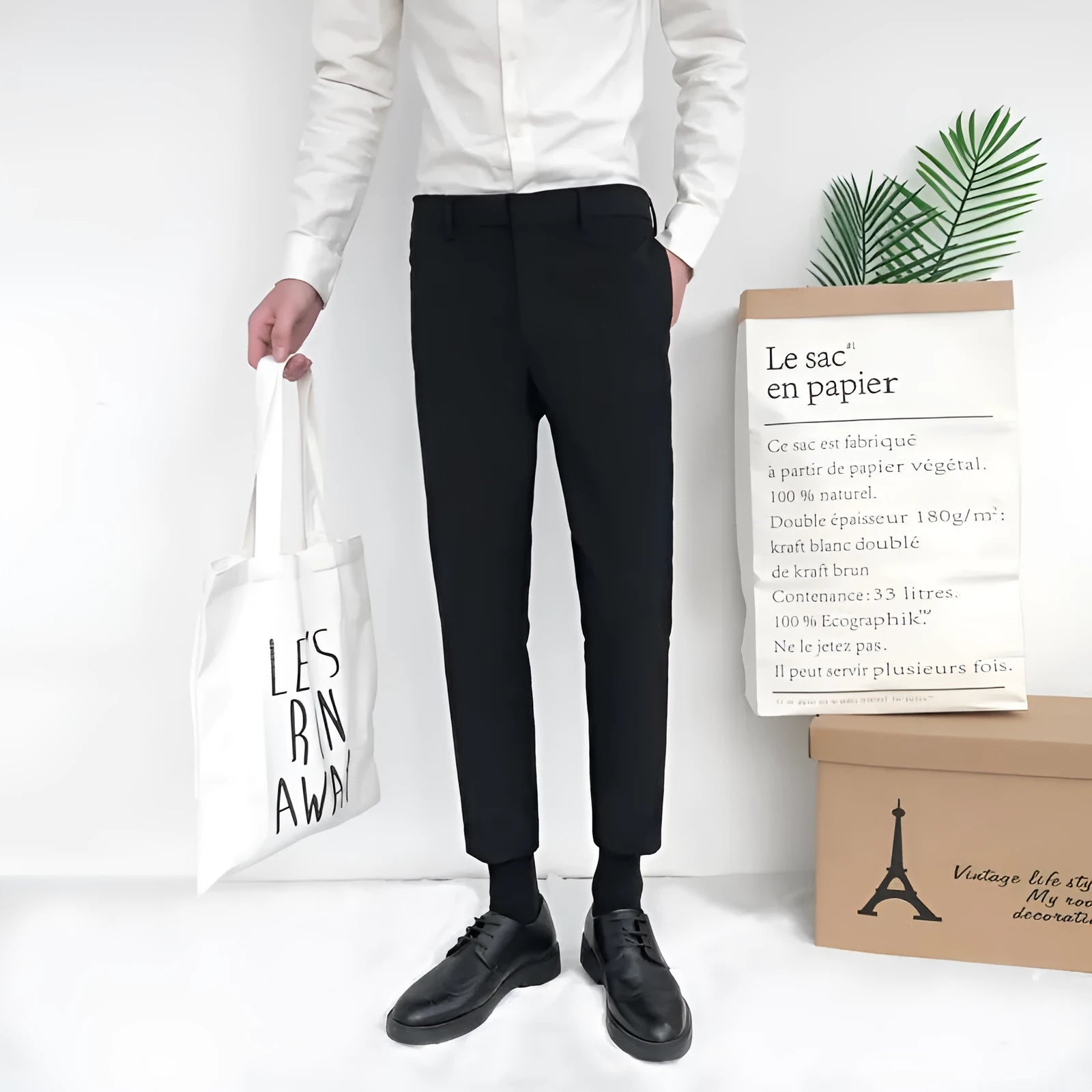 Men's slim loose straight-leg cotton trousers in khaki with a drawstring waist