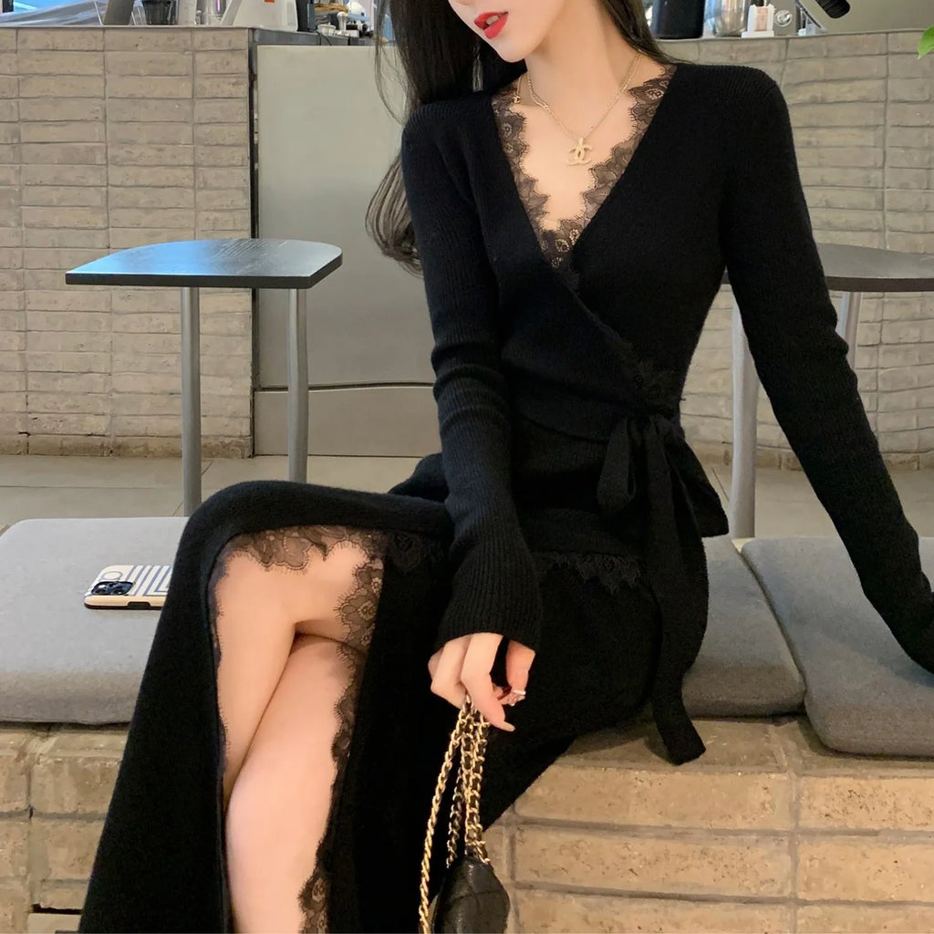 Black women's slim fit woolen skirt with a princess cut silhouette.