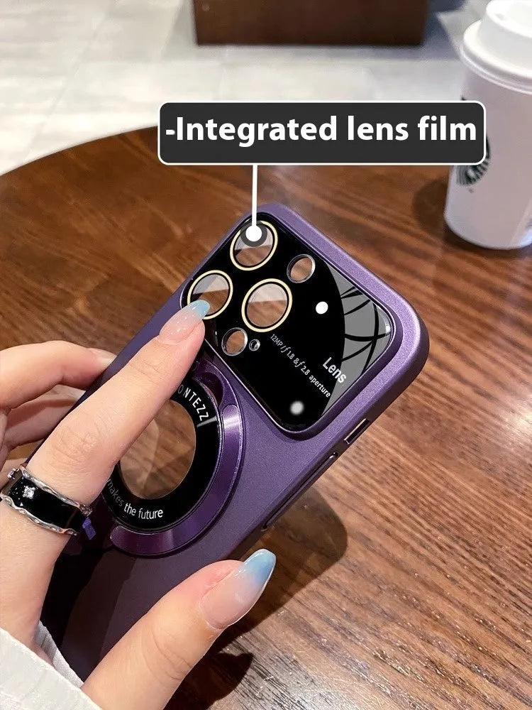 Magnetic flip iPhone case in black with built-in bracket and lens protection, all-inclusive PC shell.