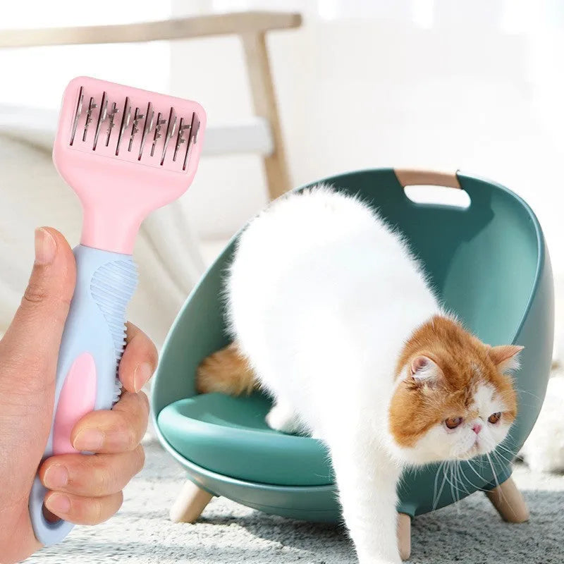Pink and purple handled pet grooming comb with stainless steel de-matting knife and brush.