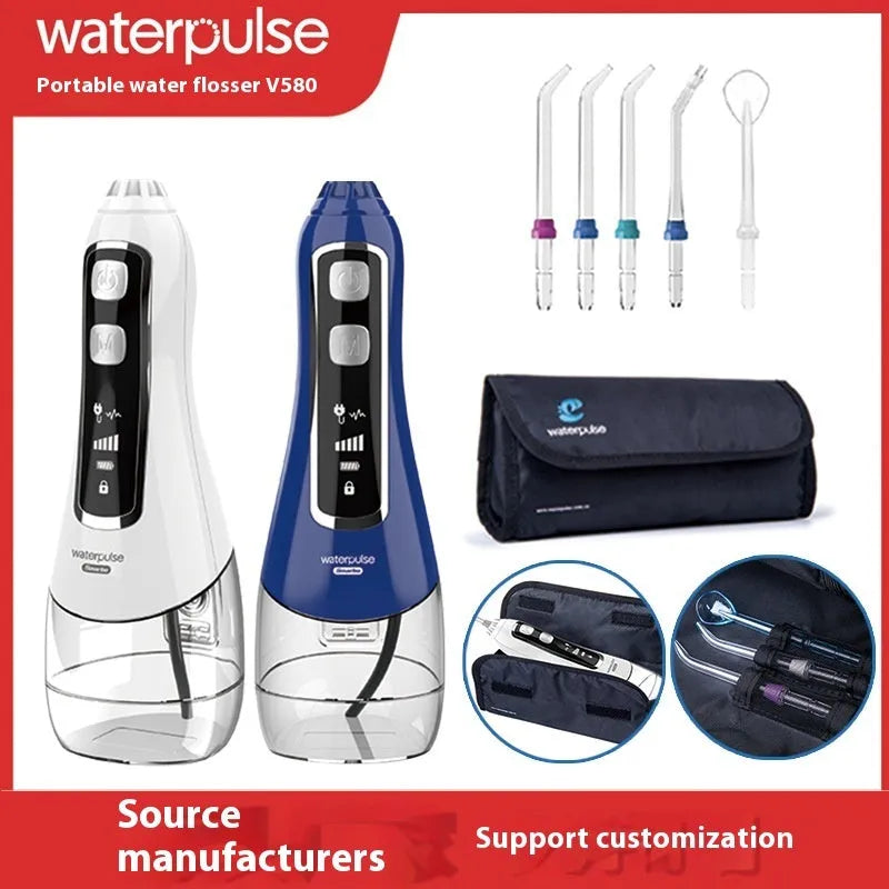 V580 portable electric dental irrigator with 320ml water tank in white, black, blue, and purple options