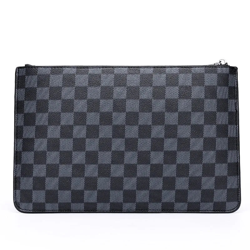 Men's black and brown plaid checkered PU leather clutch wallet open showing card slots and zipper pocket