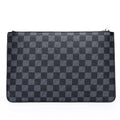 Men's black and brown plaid checkered PU leather clutch wallet open showing card slots and zipper pocket