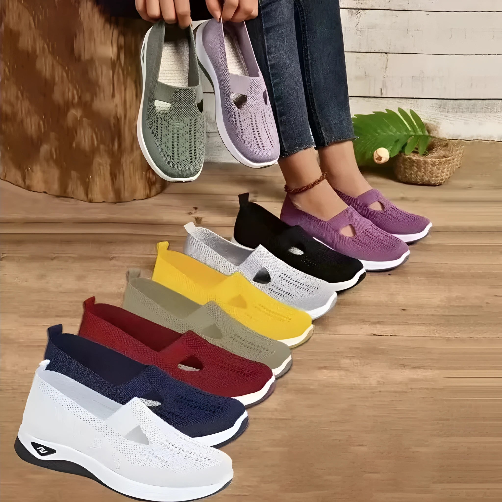 Casual T-strap mesh shoes for women with a soft PVC sole, shown in multiple colour options.