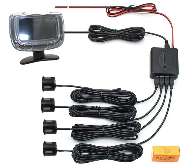 Wireless vehicle reversing sensor kit with main unit, LED display, and four ultrasonic probes.