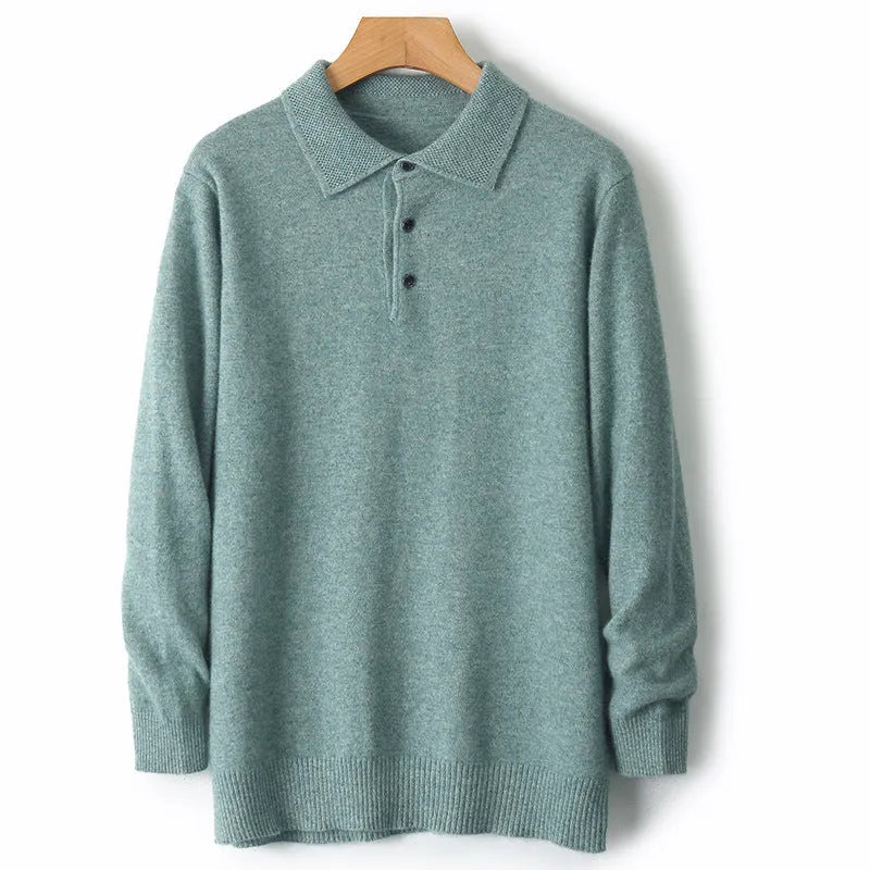 Men's grey woolen polo collar pullover sweater with textured collage stitching on the chest.