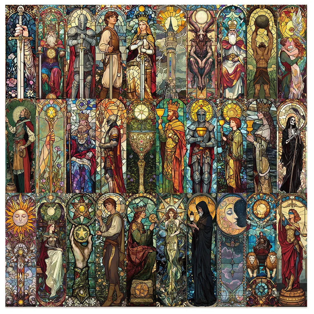 30 paper tarot bookmarks with painted glass designs in homemade style